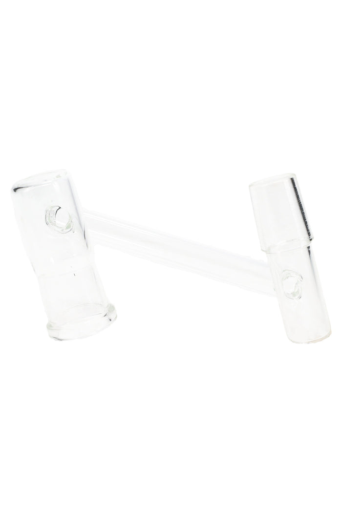 Clear drop-down sidecar adapter with 18.8 mm male and 18.8 mm female joints connected by an offset tube, shown angled on white.