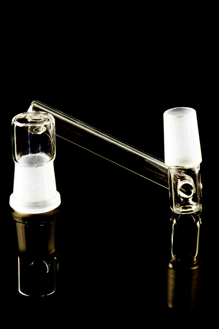 Close-up drop-down sidecar glass adapter for 19 mm setups featuring frosted male joint and female receiver, displayed on black backdrop.