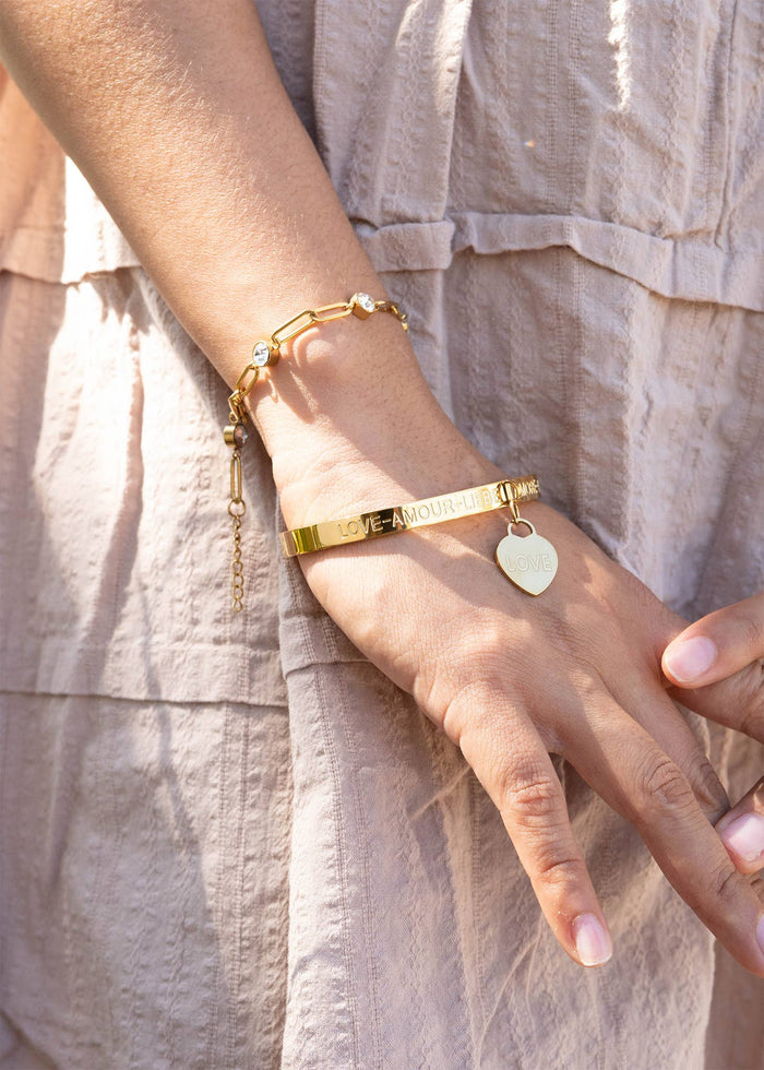 18K Gold PVD Stainless Steel Love Languages Heart Charm Bangle