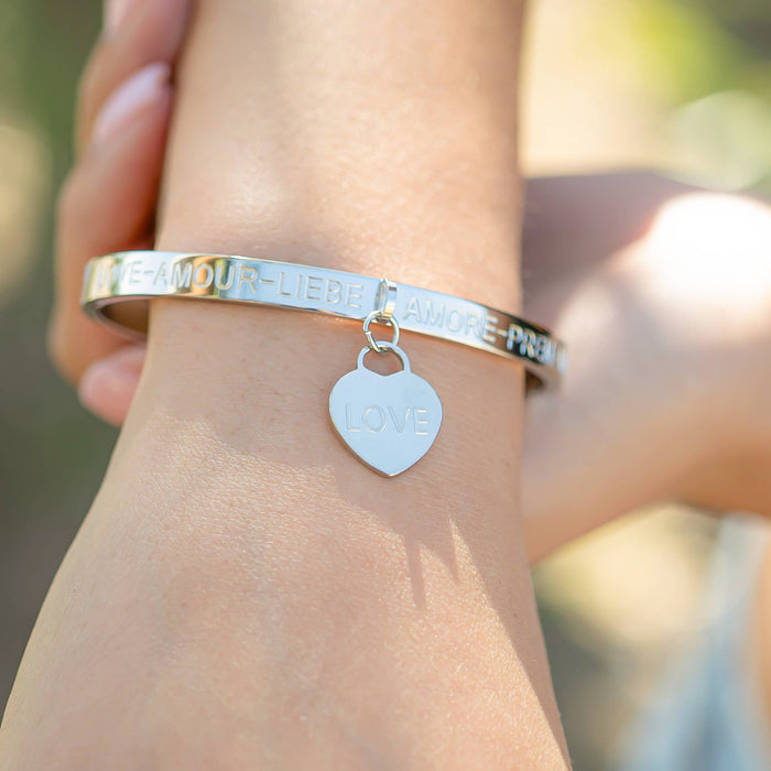 18K Gold PVD Stainless Steel Love Languages Heart Charm Bangle