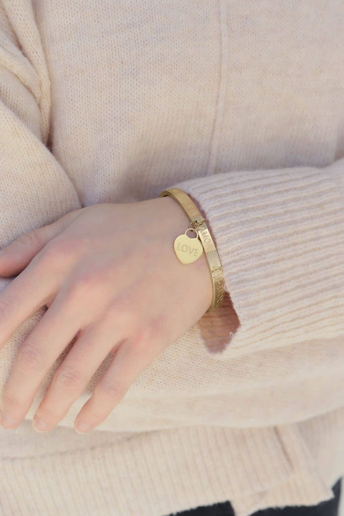 18K Gold PVD Stainless Steel Love Languages Heart Charm Bangle