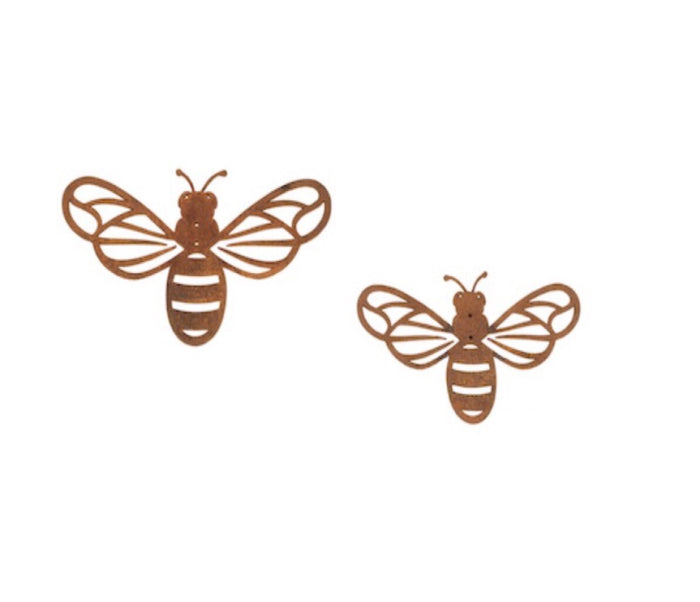2 x Bee With Holes Metal Hanging Wall Art Corten Statue Garden Ornament 16 cm