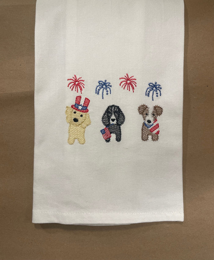 4th of July USA 250th Birthday Patriotic Dog Trio Embroidered Tea Towel
