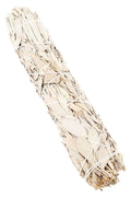 Nine-inch California white sage smudge stick wrapped in cotton twine on white backdrop showing texture and size.