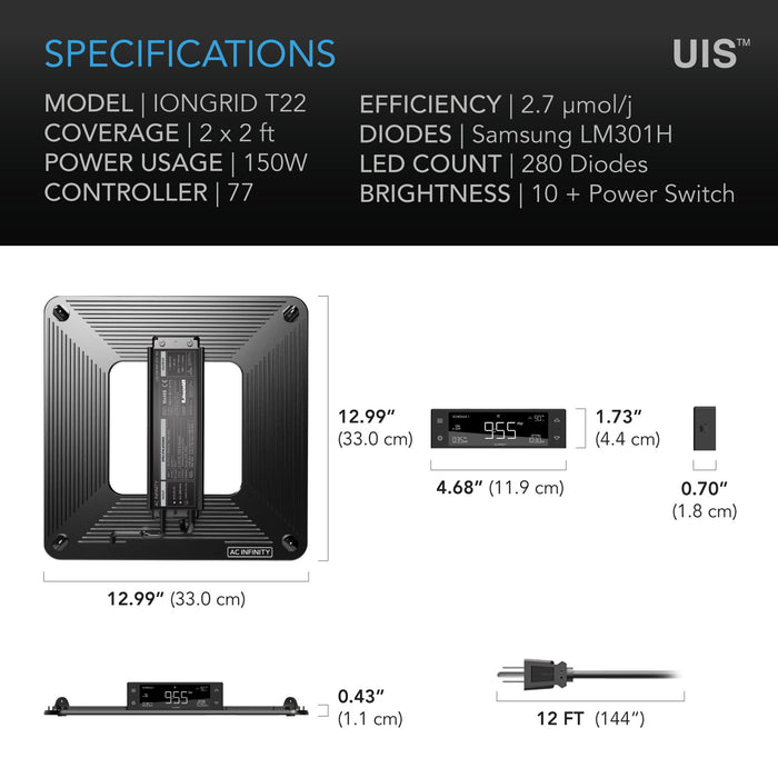 AC Infinity IONGRID T22, Full Spectrum LED Grow Light 150W, Samsung LM301H, 2x2 ft. Coverage