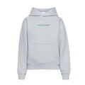 Light gray Alpha Epsilon Phi fleece hoodie with green wordmark embroidery