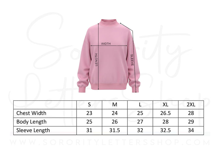 Size chart and measurement guide for pink 1983 mock neck sweatshirt