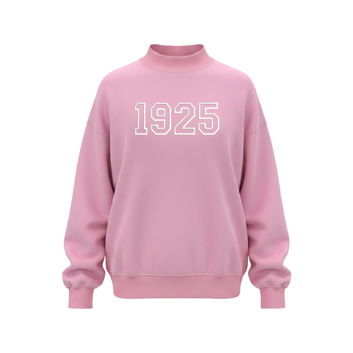 Front view of pink mock neck sweatshirt with white 1925 design