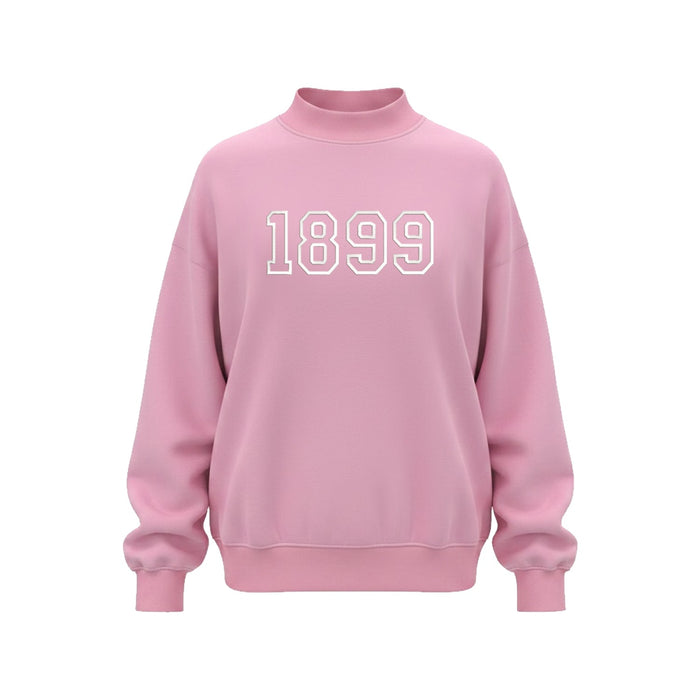 Pink Alpha Sigma Tau mock neck sweatshirt with 1899 embroidery on front