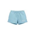 Front view of sky blue Alpha Xi Delta fleece shorts with white embroidered AXD Greek letters