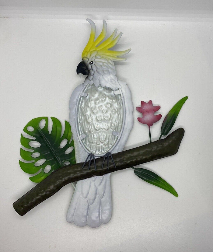22nice4me Garden Statues metal wall art featuring a hand-painted cockatoo on a branch with glass embossed detail.