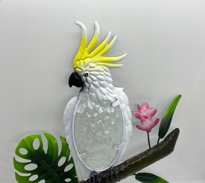 22nice4me Garden Statues metal cockatoo wall art with hand-painted yellow crest and embossed glass detail on a branch