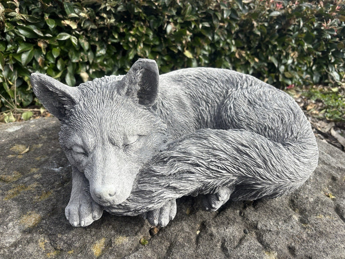 handcrafted grey concrete sleeping fox ornament for outdoor garden decor