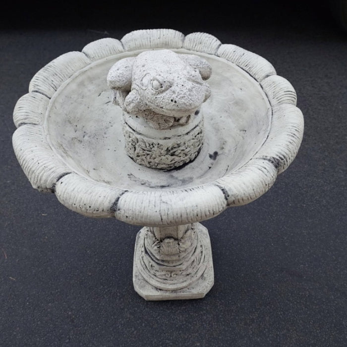 Australian made grey concrete bird bath featuring a detailed frog ornament in the center.