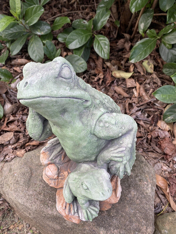 22nice4me Garden Statues hand-painted concrete frog and baby statue resting on a rock in a garden setting