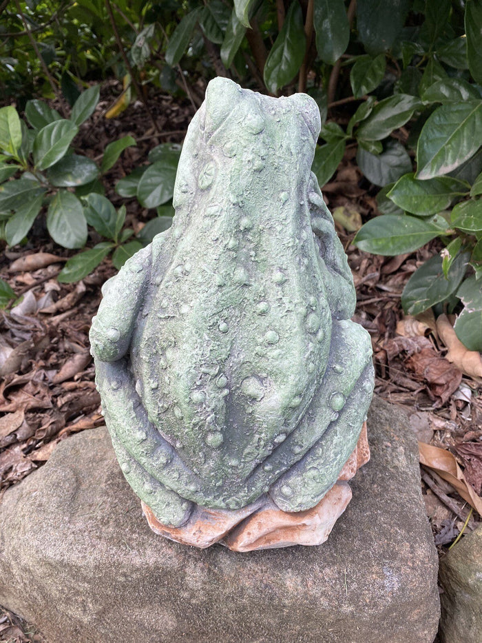 22nice4me Garden Statues hand-painted concrete frog and baby statue with textured green finish on a rock base