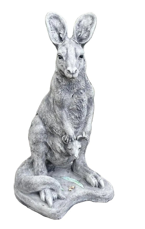22nice4me Garden Statues Australian made grey concrete kangaroo and joey garden ornament with detailed texture.