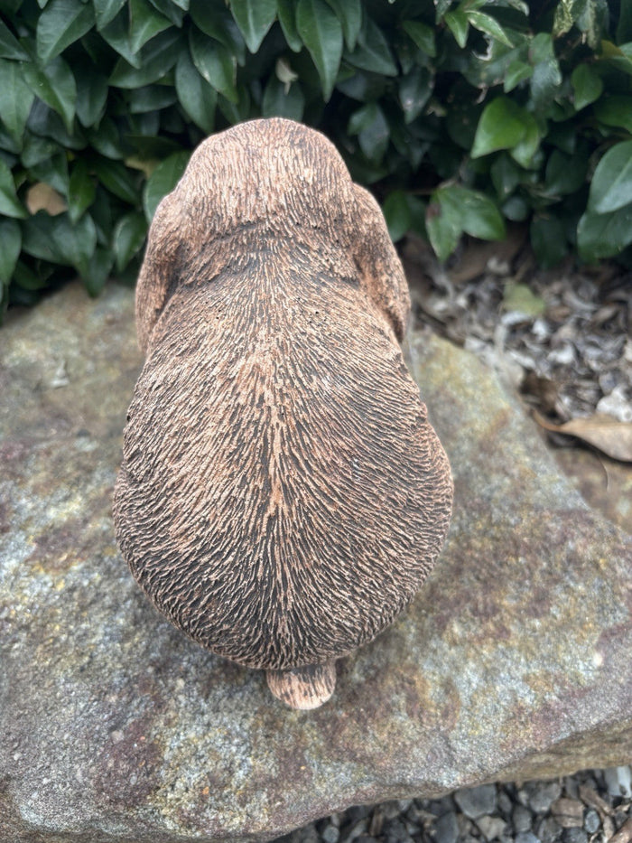 22nice4me Garden Statues handcrafted brown concrete Mini Lop rabbit ornament viewed from above on a stone surface
