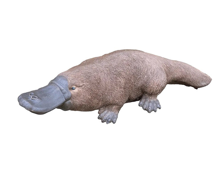 large hand-painted concrete platypus garden ornament with realistic brown textured finish