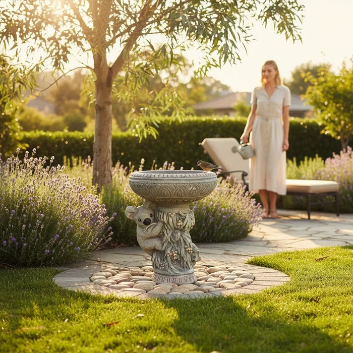 concrete koala bird bath in a sunny garden with a woman watering plants in the background