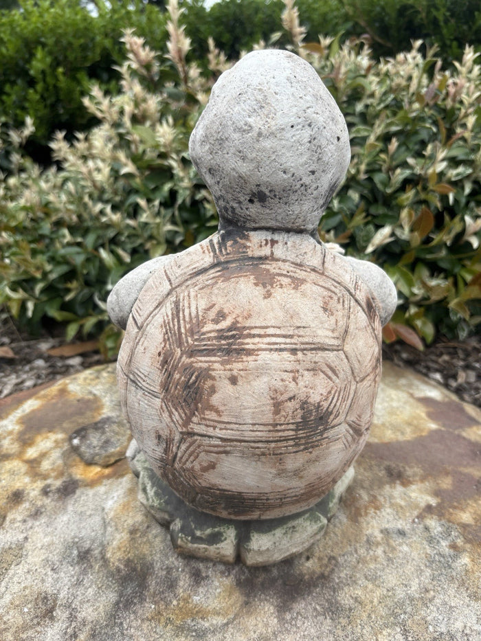 22nice4me Garden Statues concrete turtle ornament with a hand-painted matt finish, viewed from behind in a garden.