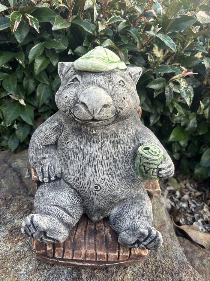 22nice4me Garden Statues concrete wombat statue sitting in a chair holding a beer can with a green hat