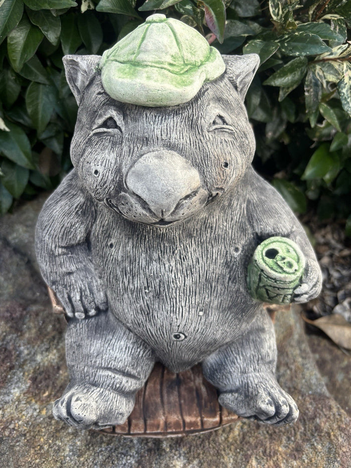 22nice4me Garden Statues concrete wombat statue wearing a green cap and holding a beer while sitting in a chair