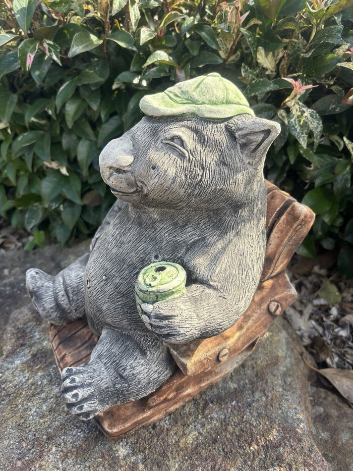 22nice4me Garden Statues concrete wombat statue wearing a cap and holding a beer while relaxing in a beach chair