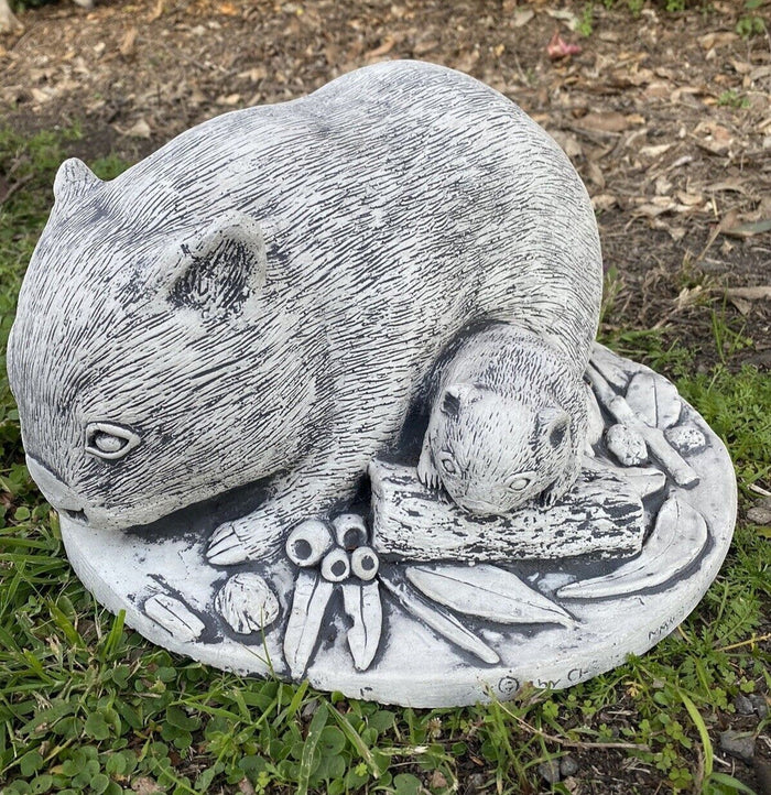 22nice4me Garden Statues handcrafted concrete wombat and baby sculpture with textured finish for outdoor decor