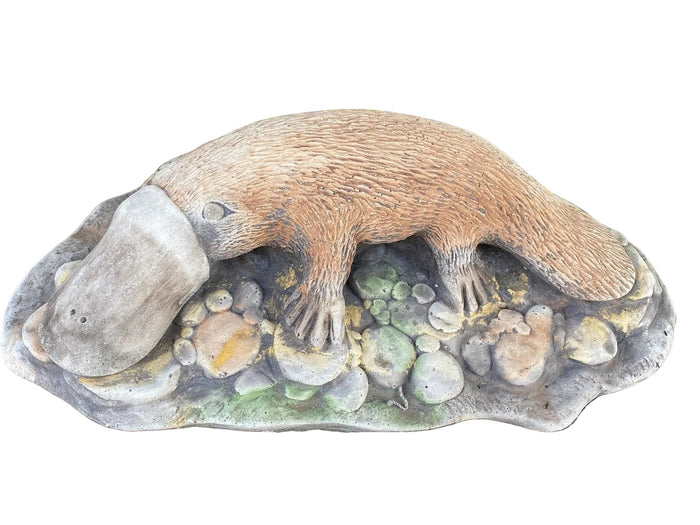 22nice4me Garden Statues hand-painted concrete platypus sculpture resting on a rocky base with a matte finish