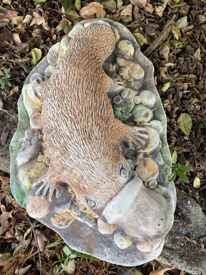 22nice4me Garden Statues concrete platypus sculpture on a rock bed with a hand-painted matt finish for outdoor decor.