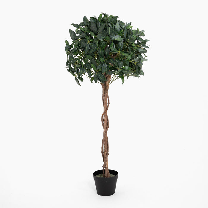 Potted artificial tree with green leaves on a white background