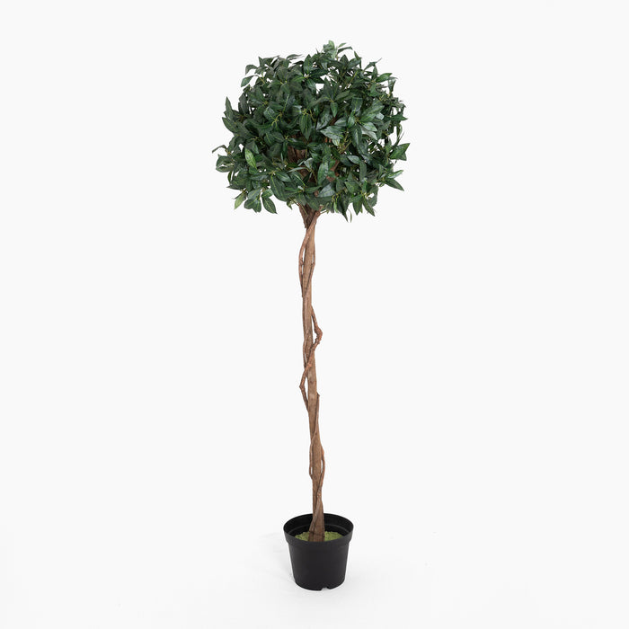 Potted artificial topiary tree with a twisted trunk on a white background