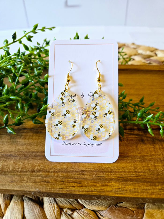 Bee Pattern Acrylic Teardrop Gold Earrings