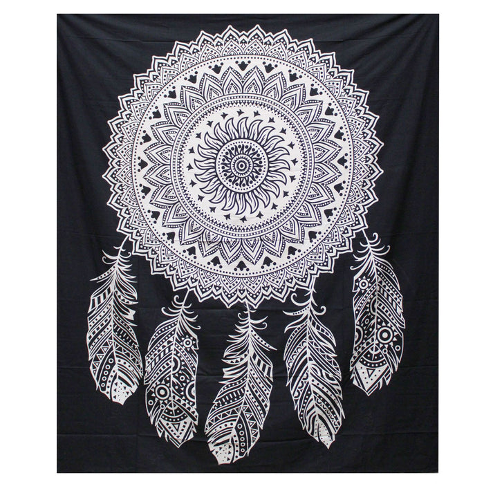 Black & White Double Cotton Bedspread + Wall Hanging - Dreamcatcher
