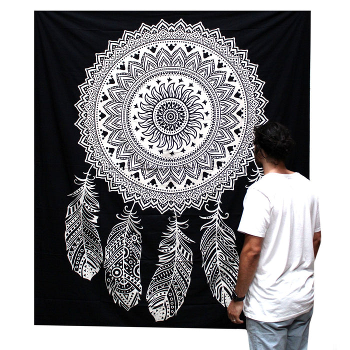 Black & White Double Cotton Bedspread + Wall Hanging - Dreamcatcher