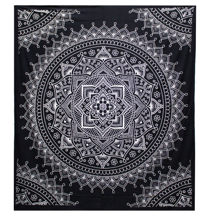 Black & White Double Cotton Bedspread + Wall Hanging - Lotus Flower