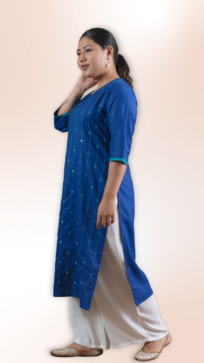 Blue Mirror Work Straight Long Kurti