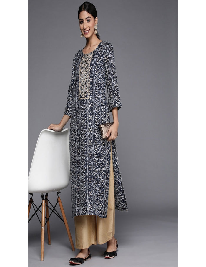 Blue Printed Long Straight Kurti