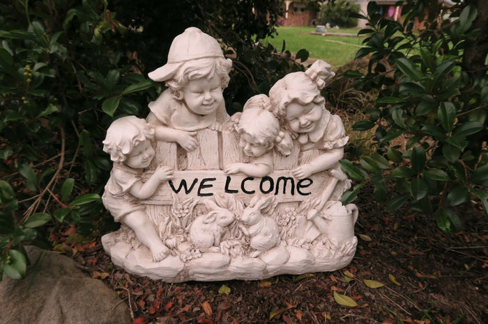 Boy Girl Welcome Garden Statue Rabbits Figurine Sculpture Ornament Children