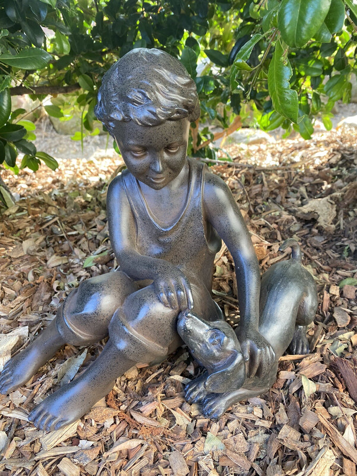 BOY SITTING WITH HIS PLAYFUL DOG  PUPPY GARDEN STATUE ORNAMENT FIGURINE