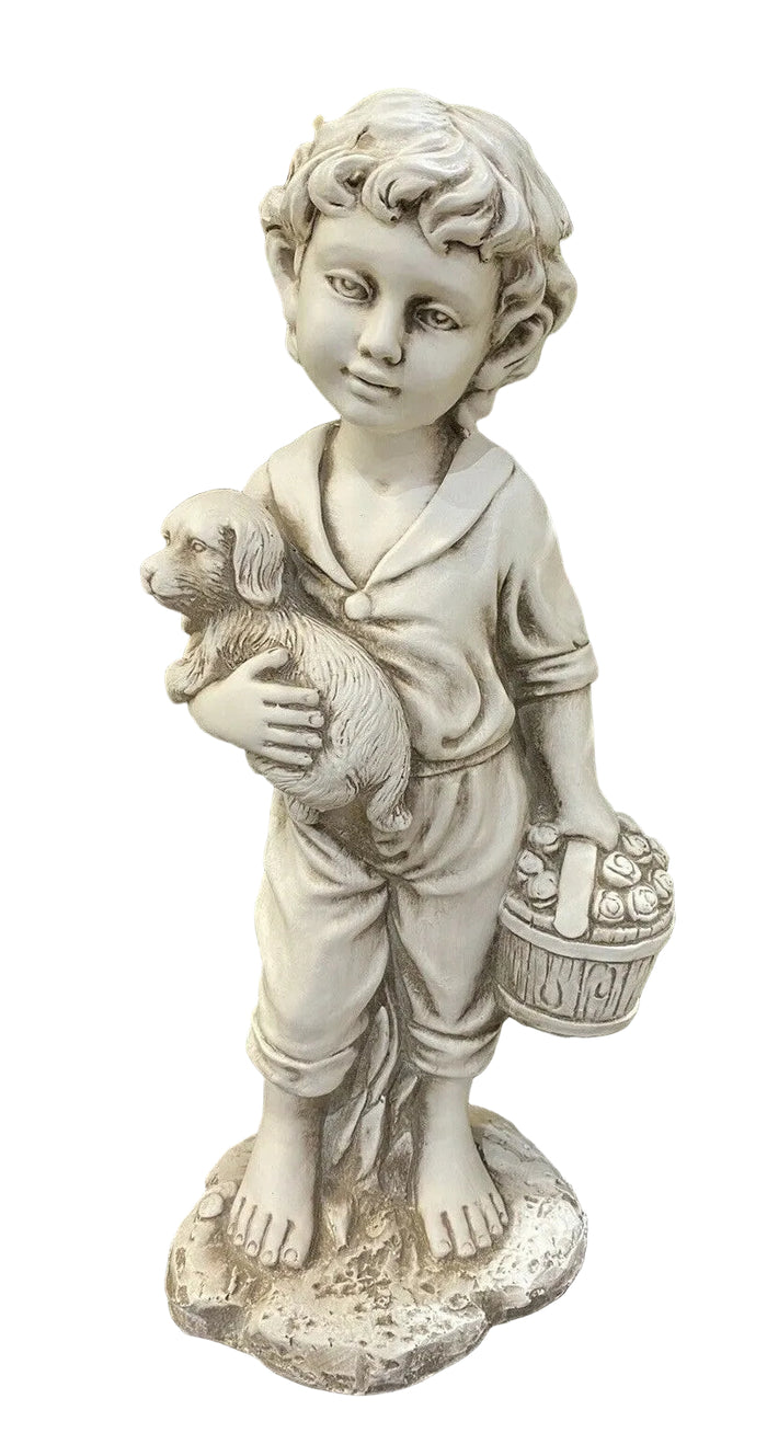 BOY STANDING HOLDING HIS PUPPY DOG GARDEN STATUE ORNAMENT FIGURINE