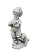 BOY STANDING WITH HIS TWO PUPPIES PUPPY DOG GARDEN STATUE ORNAMENT FIGURINE
