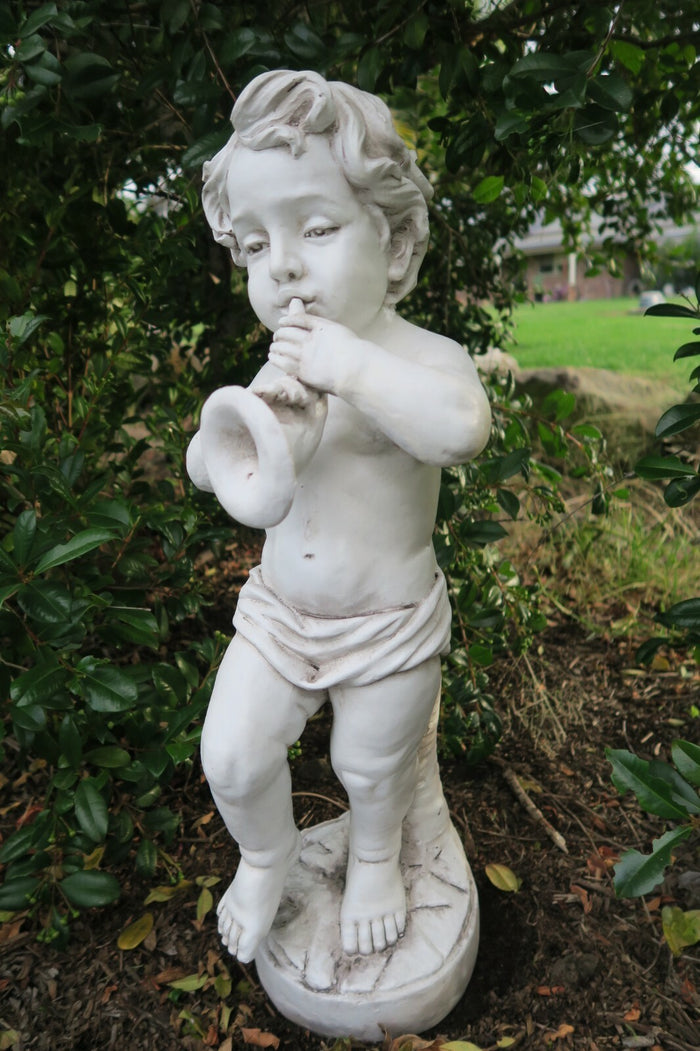 BOY STATUE PLAYING TRUMPET INSTRUMENT GARDEN STATUE ORNAMENT HOME DECOR