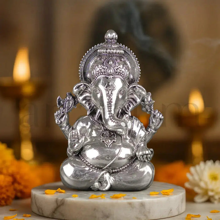 Brass Vighnaharta Ganesha Idol Silver Plated