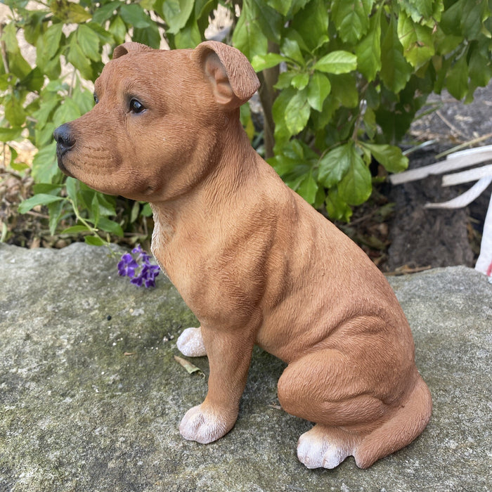 BROWN STAFFORDSHIRE -STAFFY PUPPY DOG ANIMAL MEMORIAL GARDEN STATUE ORNAMENT