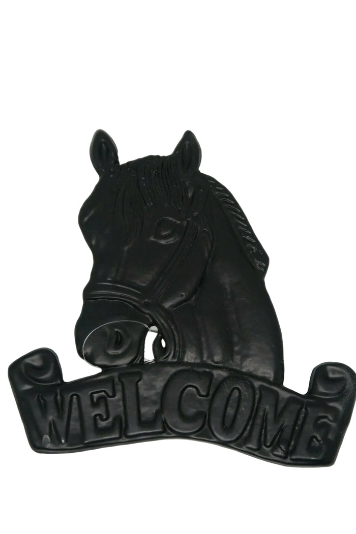 Cast Iron Antique Welcome Horse Hanging Sign Vintage Dark Brown