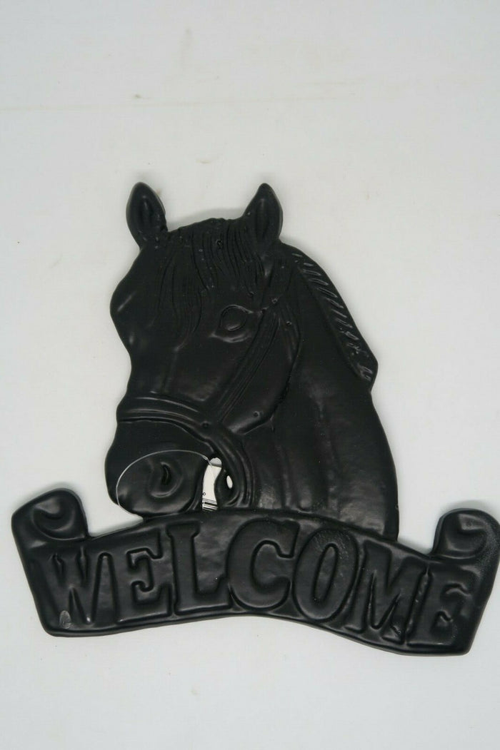 Cast Iron Antique Welcome Horse Hanging Sign Vintage Dark Brown