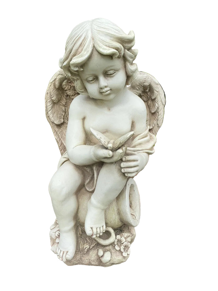 CHERUB ANGEL PLAYING WITH A BUTTERFLY GARDEN ORNAMENT STATUE FIGURINE SCULPTURE
