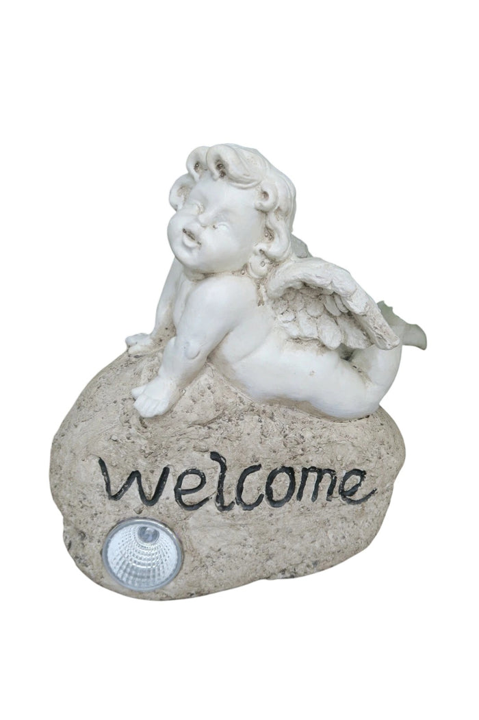 Cherub with Welcome Sign Solar Powered Statue Ornament Home Garden Decor